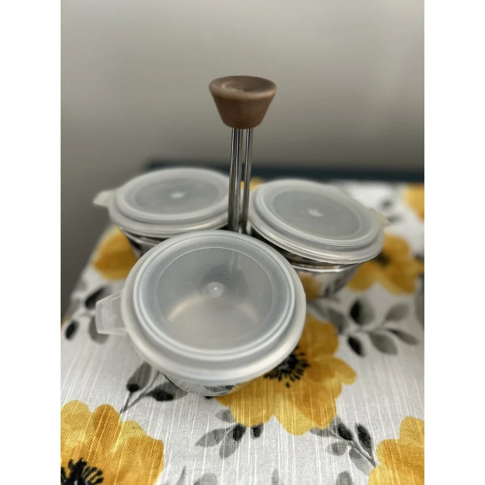 Mid Century Condiment Server 3 Stainless Bowls w/ lid Wood Handle vintage retro
